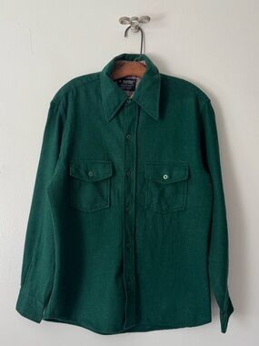 Puritan Aqualuxwool Green Flannel Wool Blend Long Sleeve Button-Up Shirt